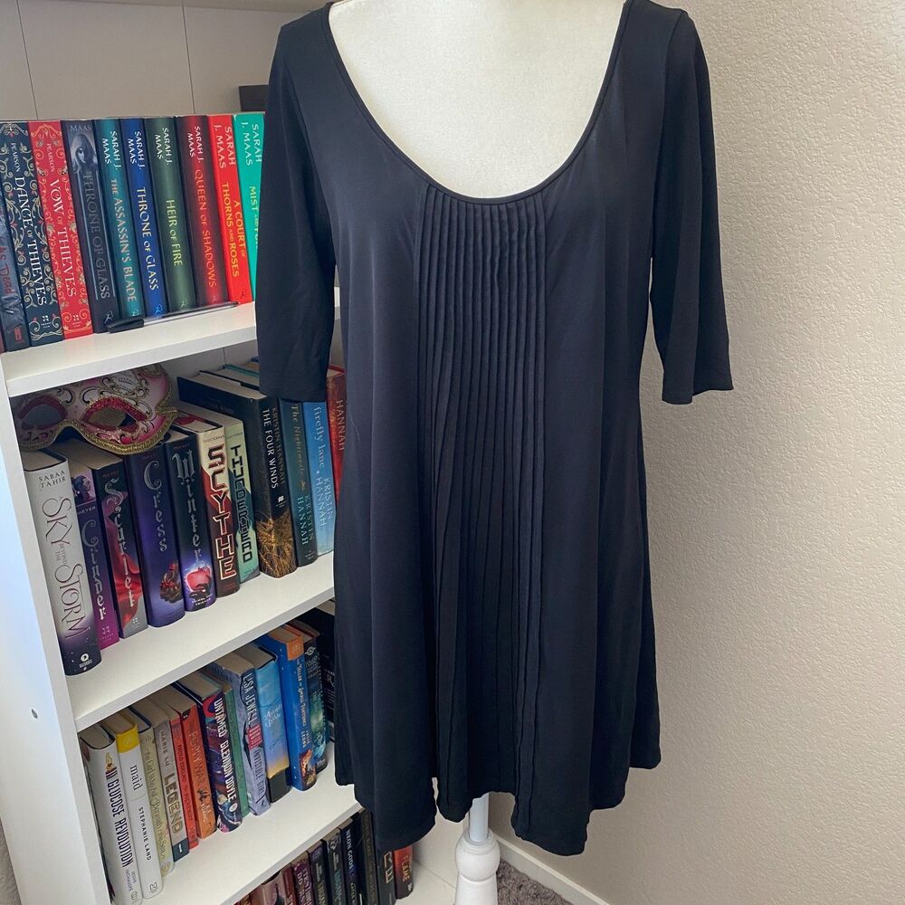 Eileen Fisher Black 100% Silk Pleated Front Scoop Neck Lagenlook Tunic Size L